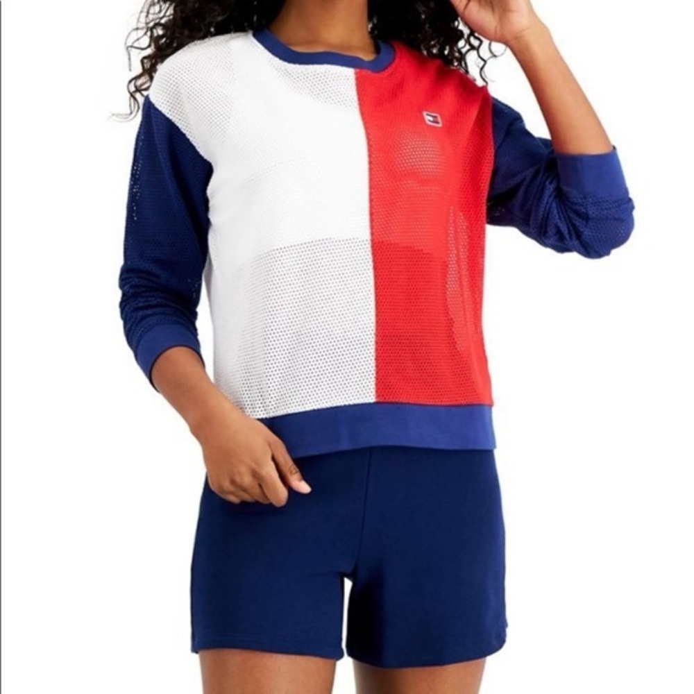 Tommy Hilfiger Sport Long Sleeve Crop Top Red White Blue Mesh Sweater Size Small